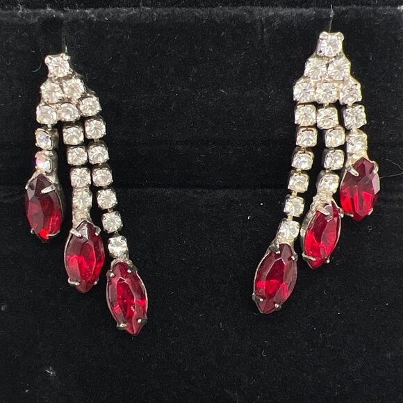 Vintage Rhinestone Dangle Earrings With Red & Clear Stones - Picture 2 of 5